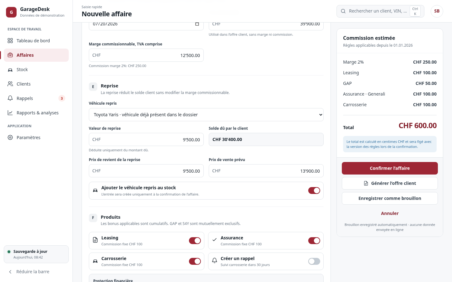 Affaire GarageDesk avec reprise, solde client et génération de l’offre.